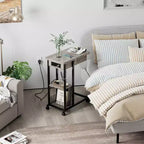 C Shaped End Table with Charging Station, Flip Top Side Table, Narrow Side Table with 3 Tier Storage Shelf, for Living Room & Bedroom