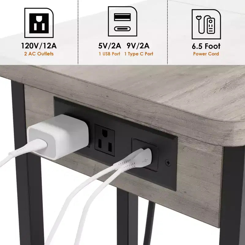 Table d'appoint en C avec station de charge, table d'appoint à plateau relevable, table d'appoint étroite avec étagère de rangement à 3 niveaux, pour salon et chambre à coucher