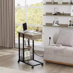 Table d'appoint en C avec station de charge, table d'appoint à plateau relevable, table d'appoint étroite avec étagère de rangement à 3 niveaux, pour salon et chambre à coucher