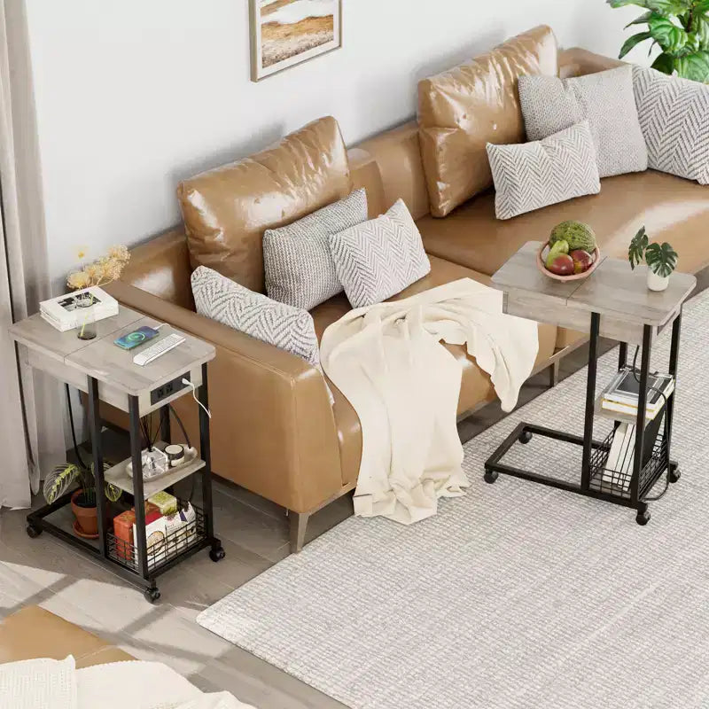 Table d'appoint en C avec station de charge, table d'appoint à plateau relevable, table d'appoint étroite avec étagère de rangement à 3 niveaux, pour salon et chambre à coucher