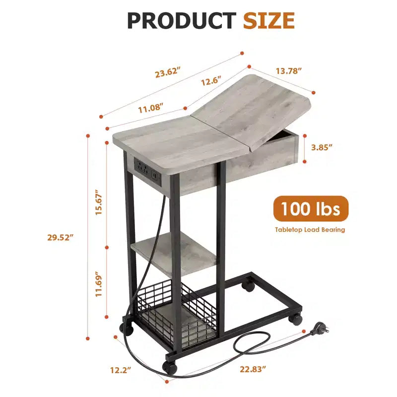 Table d'appoint en C avec station de charge, table d'appoint à plateau relevable, table d'appoint étroite avec étagère de rangement à 3 niveaux, pour salon et chambre à coucher