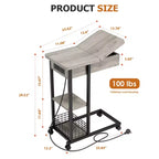Table d'appoint en C avec station de charge, table d'appoint à plateau relevable, table d'appoint étroite avec étagère de rangement à 3 niveaux, pour salon et chambre à coucher