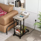 Table d'appoint en C avec station de charge, table d'appoint à plateau relevable, table d'appoint étroite avec étagère de rangement à 3 niveaux, pour salon et chambre à coucher