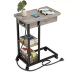 Table d'appoint en C avec station de charge, table d'appoint à plateau relevable, table d'appoint étroite avec étagère de rangement à 3 niveaux, pour salon et chambre à coucher