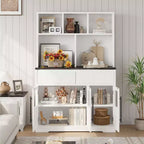 Armoire de cuisine haute de 178 cm, Meuble de rangement avec tiroir et 2 portes vitrées et 3 étagères, Meuble bas pour cuisine, bureau, salon, salle à manger