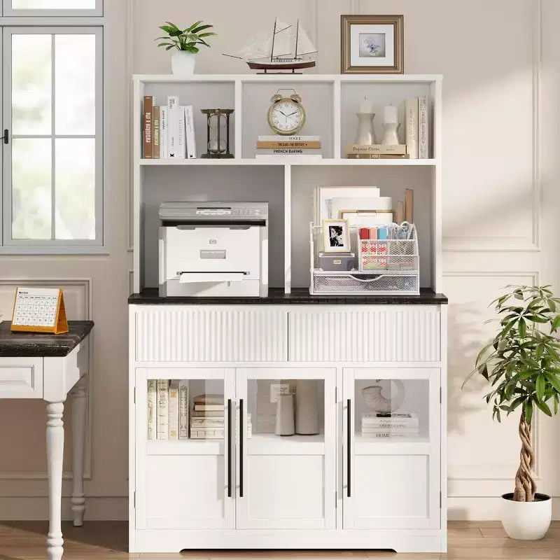 Armoire de cuisine haute de 178 cm, Meuble de rangement avec tiroir et 2 portes vitrées et 3 étagères, Meuble bas pour cuisine, bureau, salon, salle à manger