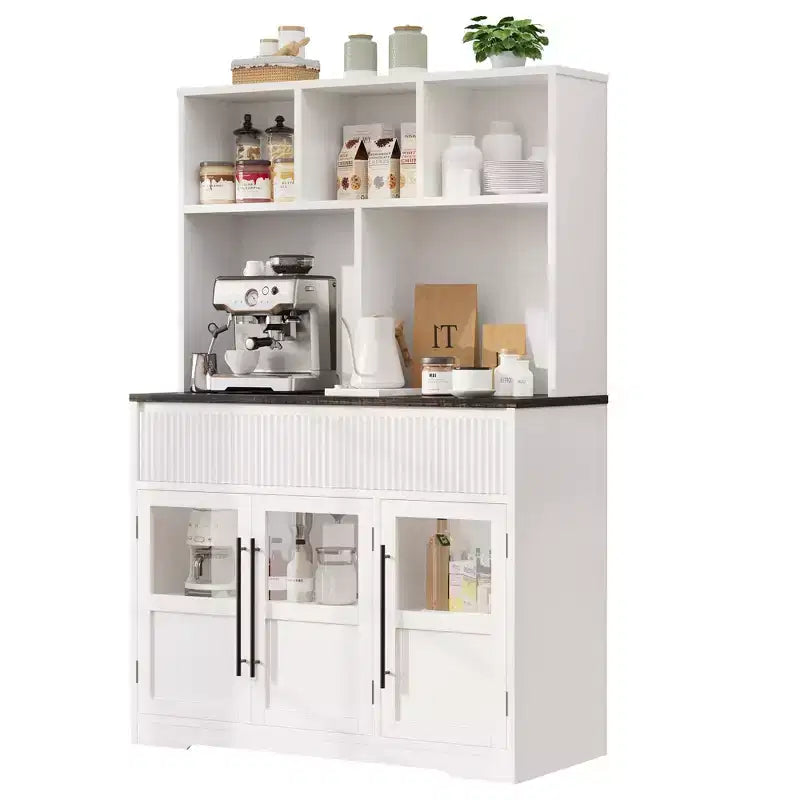 Armoire de cuisine haute de 178 cm, Meuble de rangement avec tiroir et 2 portes vitrées et 3 étagères, Meuble bas pour cuisine, bureau, salon, salle à manger