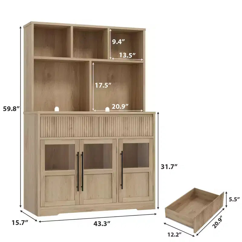 Armoire de cuisine haute de 178 cm, Meuble de rangement avec tiroir et 2 portes vitrées et 3 étagères, Meuble bas pour cuisine, bureau, salon, salle à manger