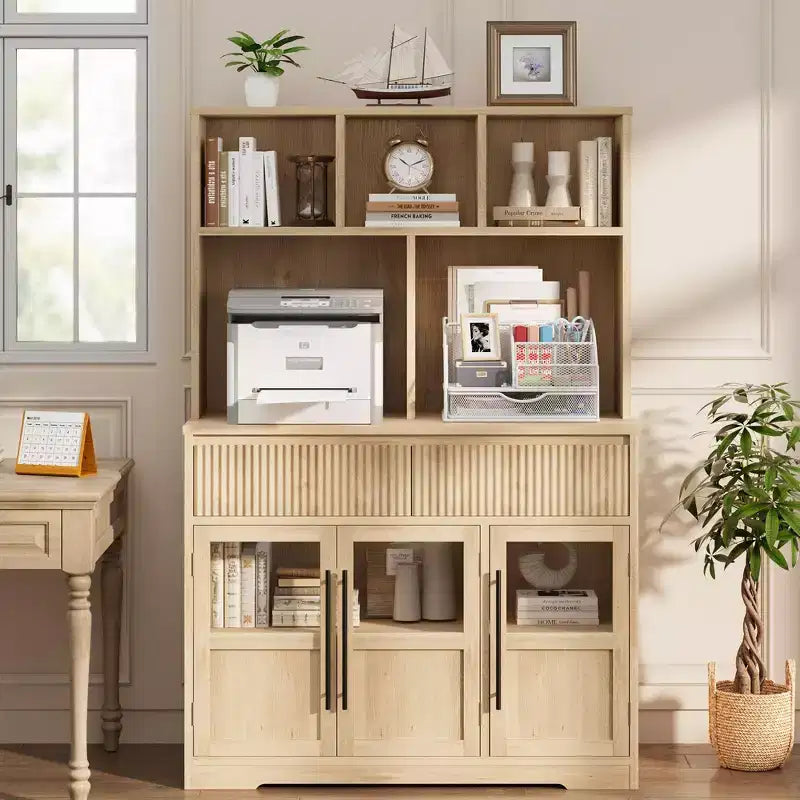 Armoire de cuisine haute de 178 cm, Meuble de rangement avec tiroir et 2 portes vitrées et 3 étagères, Meuble bas pour cuisine, bureau, salon, salle à manger