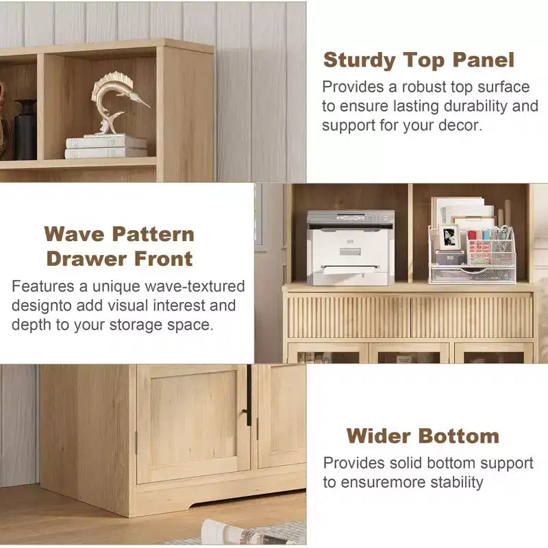 Armoire de cuisine haute de 178 cm, Meuble de rangement avec tiroir et 2 portes vitrées et 3 étagères, Meuble bas pour cuisine, bureau, salon, salle à manger