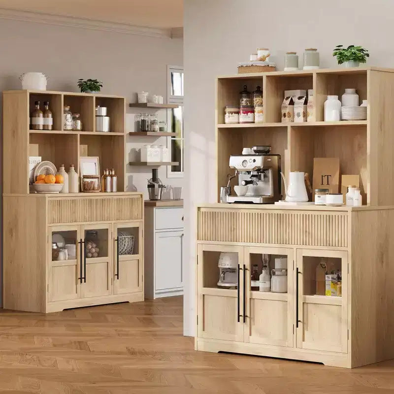 Armoire de cuisine haute de 178 cm, Meuble de rangement avec tiroir et 2 portes vitrées et 3 étagères, Meuble bas pour cuisine, bureau, salon, salle à manger