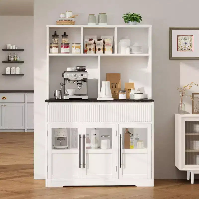 Armoire de cuisine haute de 178 cm, Meuble de rangement avec tiroir et 2 portes vitrées et 3 étagères, Meuble bas pour cuisine, bureau, salon, salle à manger