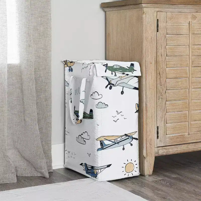 Sweet Jojo Designs Panier à linge pliable pour garçon avec poignées Motif avion vintage Vert bleu et jaune