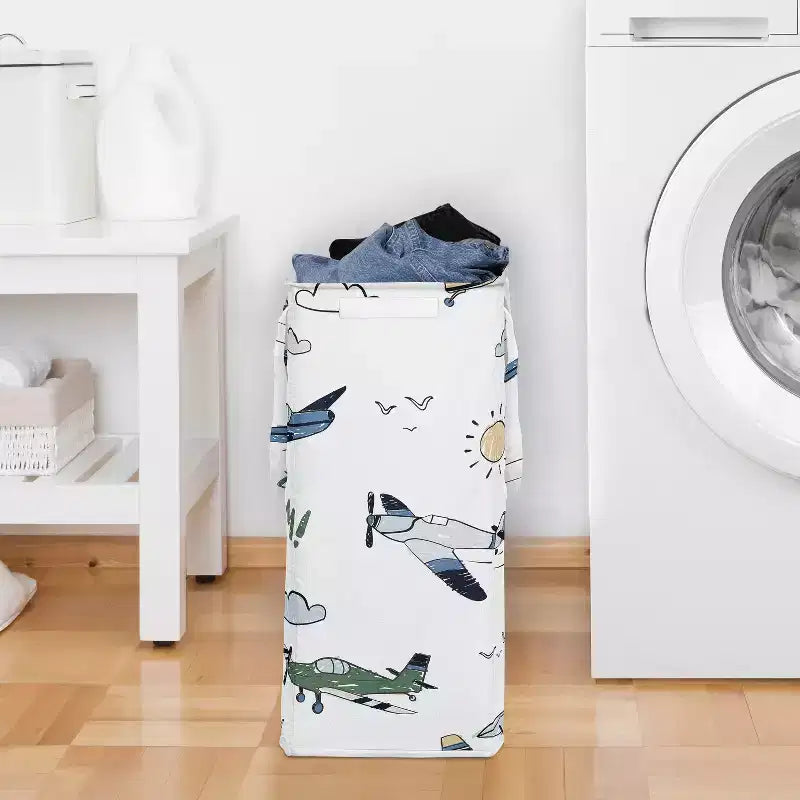 Sweet Jojo Designs Panier à linge pliable pour garçon avec poignées Motif avion vintage Vert bleu et jaune