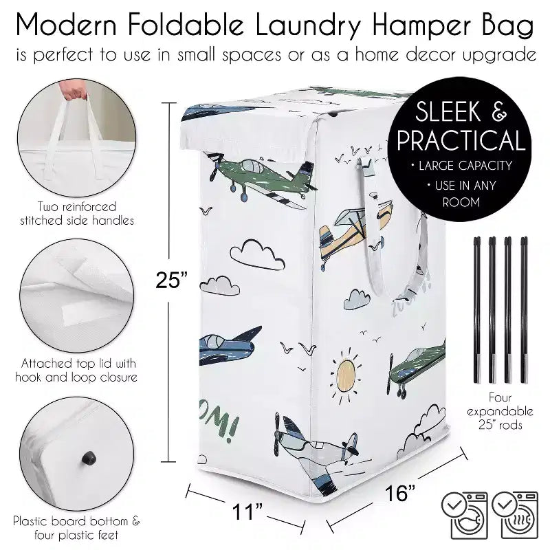 Sweet Jojo Designs Panier à linge pliable pour garçon avec poignées Motif avion vintage Vert bleu et jaune