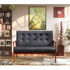 TYBOATLE Black Small Leather Couch for Office, Booth Seating 2 Person Waiting Room Bench Couch, Mid Century Modern Loveseat Wood Sofa