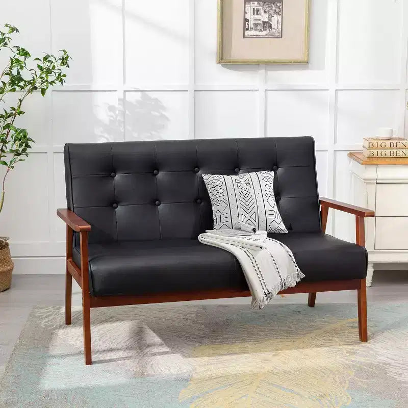 TYBOATLE Canapé noir en cuir, petit, pour bureau, banquette 2 places pour salle d'attente, causeuse moderne du milieu du siècle, canapé en bois