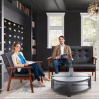 TYBOATLE Canapé noir en cuir, petit, pour bureau, banquette 2 places pour salle d'attente, causeuse moderne du milieu du siècle, canapé en bois