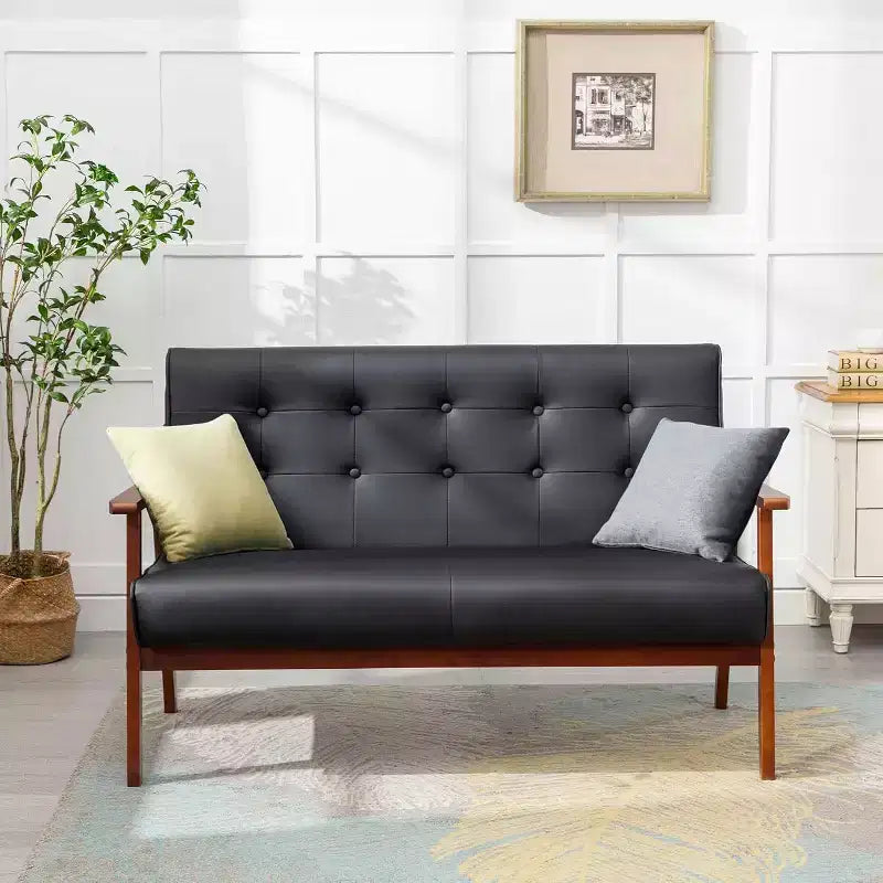 TYBOATLE Canapé noir en cuir, petit, pour bureau, banquette 2 places pour salle d'attente, causeuse moderne du milieu du siècle, canapé en bois