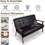 TYBOATLE Canapé noir en cuir, petit, pour bureau, banquette 2 places pour salle d'attente, causeuse moderne du milieu du siècle, canapé en bois