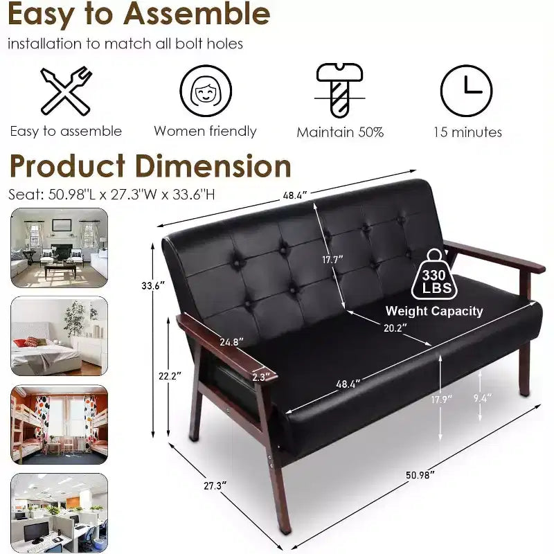 TYBOATLE Canapé noir en cuir, petit, pour bureau, banquette 2 places pour salle d'attente, causeuse moderne du milieu du siècle, canapé en bois