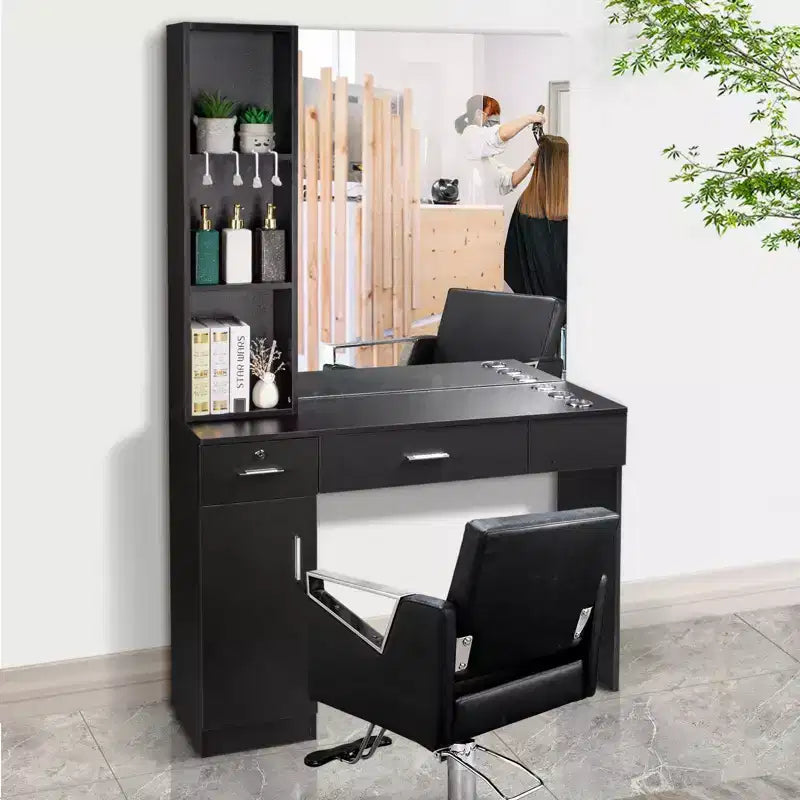 Coiffeuse de barbier Karl Home murale noire et rouge 2 tiroirs 1 placard de rangement 3 étagères ouvertes avec miroir