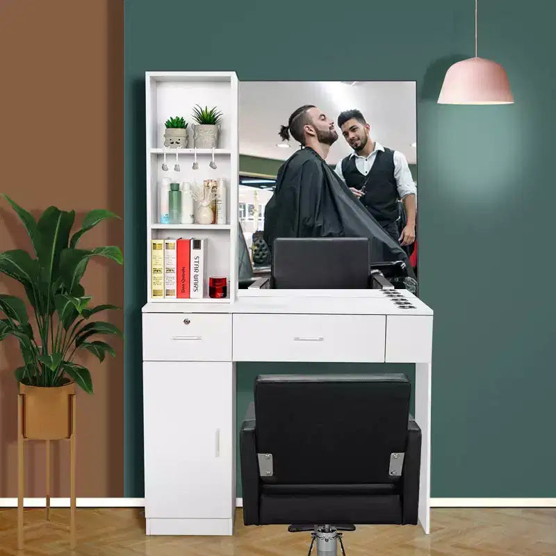 Coiffeuse de barbier Karl Home murale noire et rouge 2 tiroirs 1 placard de rangement 3 étagères ouvertes avec miroir