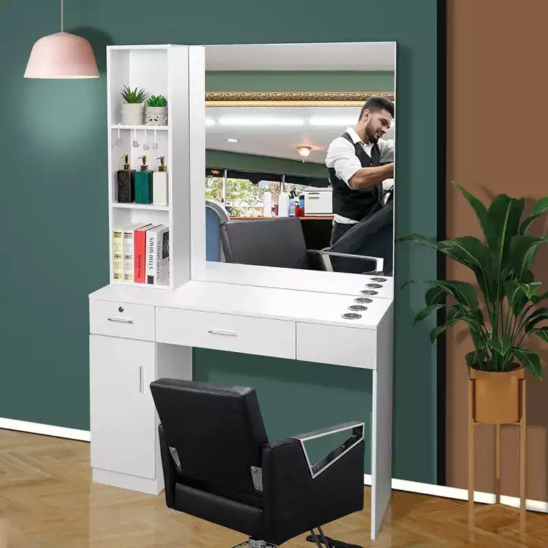 Coiffeuse de barbier Karl Home murale noire et rouge 2 tiroirs 1 placard de rangement 3 étagères ouvertes avec miroir