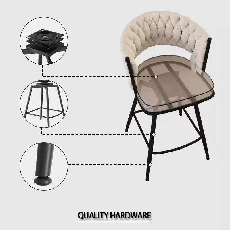 Tabourets de bar pivotants Okak 26, lot de 2, revêtement en daim avec repose-pieds et dossier tissé, pieds noirs, tabourets de comptoir pour îlot de cuisine