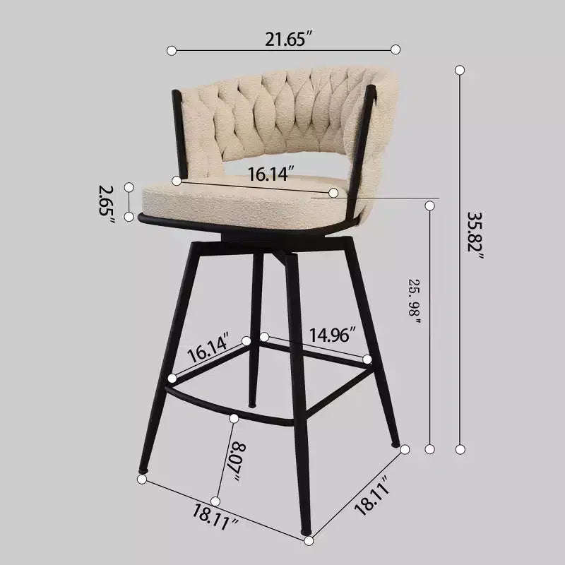 Tabourets de bar pivotants Okak 26, lot de 2, revêtement en daim avec repose-pieds et dossier tissé, pieds noirs, tabourets de comptoir pour îlot de cuisine