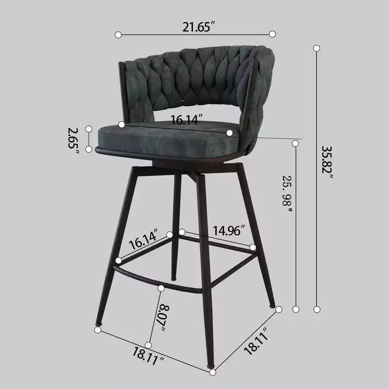 Tabourets de bar pivotants Okak 26, lot de 2, revêtement en daim avec repose-pieds et dossier tissé, pieds noirs, tabourets de comptoir pour îlot de cuisine