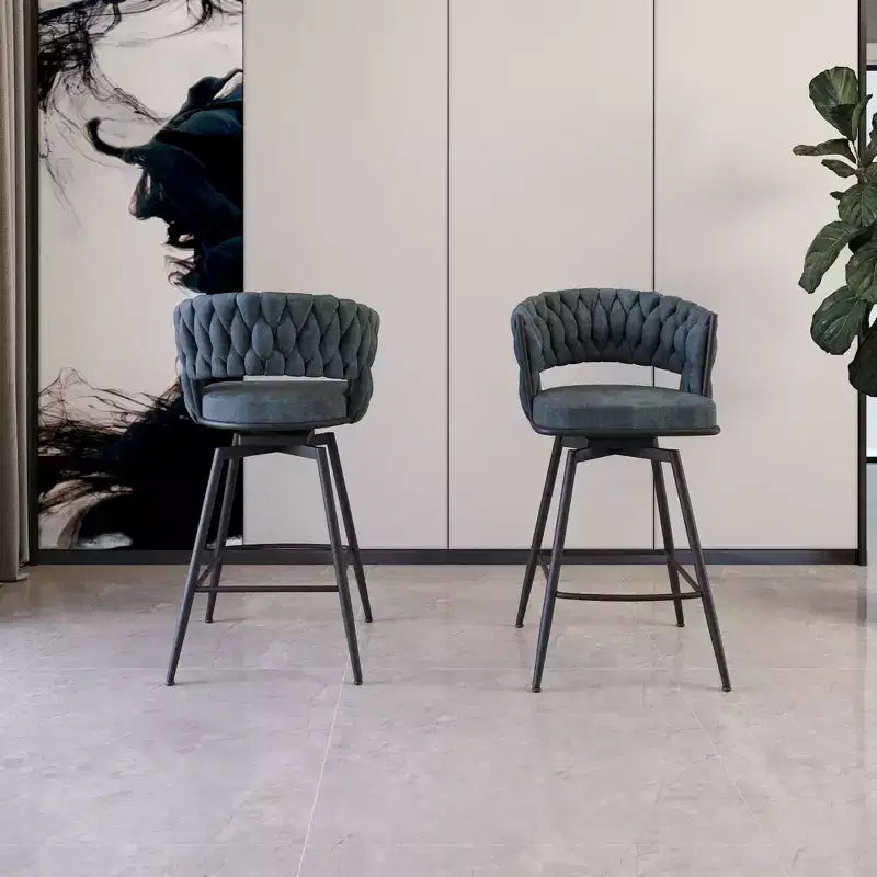Okak 26 Swivel Bar Stools Set of 2, Suede Upholstered with Footrest & Woven Back, Black Legs Counter Stools for Kitchen Island