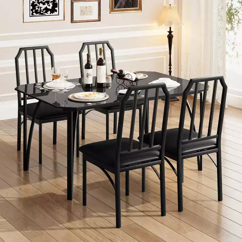 Ensemble table et chaises de salle à manger en verre, table de cuisine et chaises avec design biseauté, ensemble table de salle à manger 3/5 pièces avec sièges rembourrés