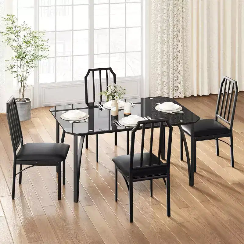 Ensemble table et chaises de salle à manger en verre, table de cuisine et chaises avec design biseauté, ensemble table de salle à manger 3/5 pièces avec sièges rembourrés