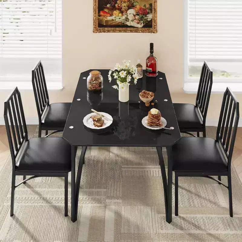 Ensemble table et chaises de salle à manger en verre, table de cuisine et chaises avec design biseauté, ensemble table de salle à manger 3/5 pièces avec sièges rembourrés