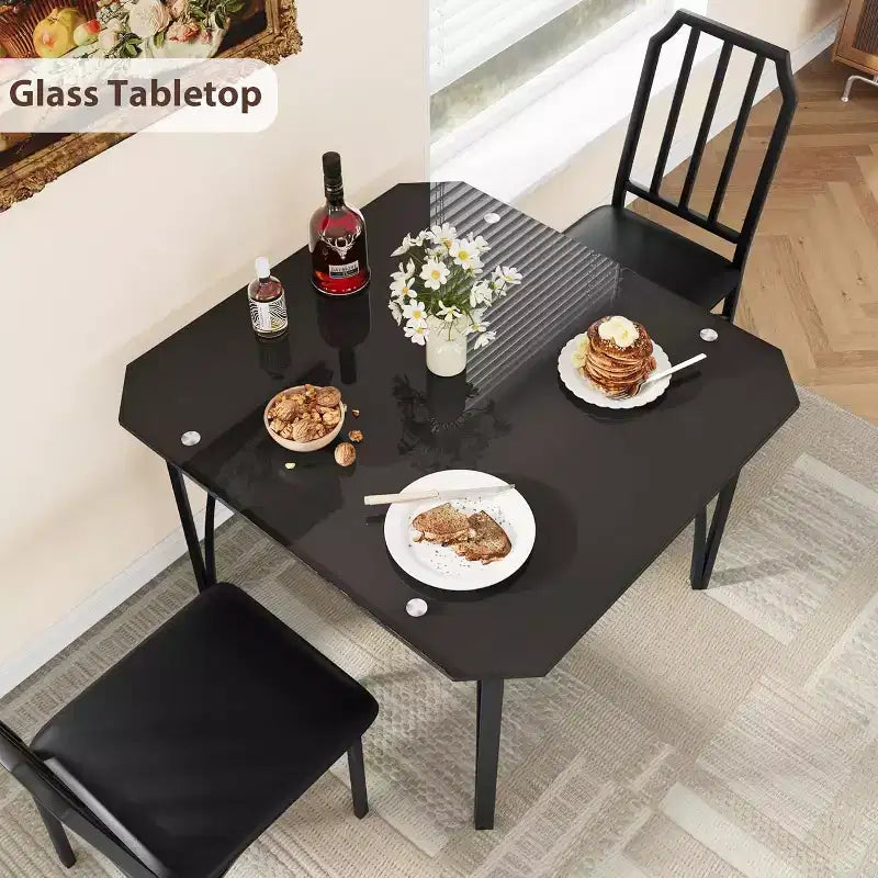 Ensemble table et chaises de salle à manger en verre, table de cuisine et chaises avec design biseauté, ensemble table de salle à manger 3/5 pièces avec sièges rembourrés