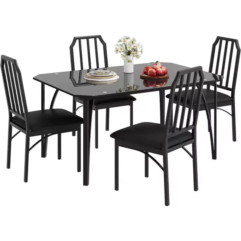 Ensemble table et chaises de salle à manger en verre, table de cuisine et chaises avec design biseauté, ensemble table de salle à manger 3/5 pièces avec sièges rembourrés