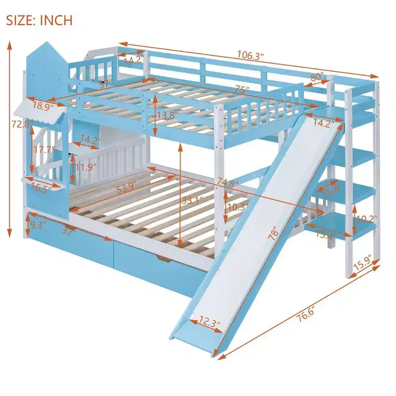 Lit superposé style château de grande taille avec 2 tiroirs, 3 étagères et toboggan - Bleu