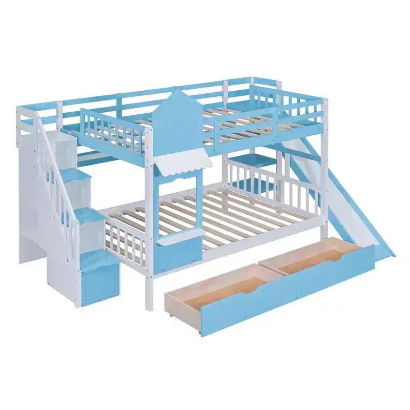 Lit superposé style château de grande taille avec 2 tiroirs, 3 étagères et toboggan - Bleu