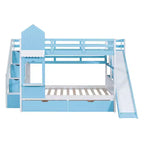 Lit superposé style château de grande taille avec 2 tiroirs, 3 étagères et toboggan - Bleu