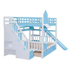 Lit superposé style château de grande taille avec 2 tiroirs, 3 étagères et toboggan - Bleu