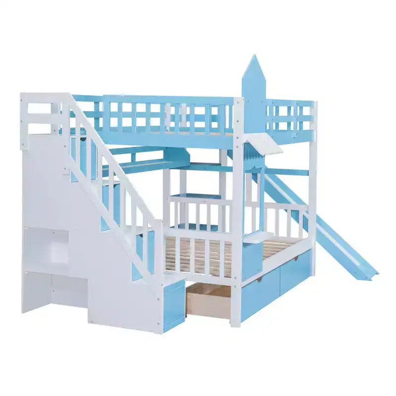 Lit superposé style château de grande taille avec 2 tiroirs, 3 étagères et toboggan - Bleu