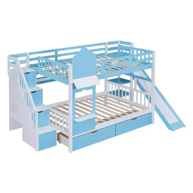 Lit superposé style château de grande taille avec 2 tiroirs, 3 étagères et toboggan - Bleu