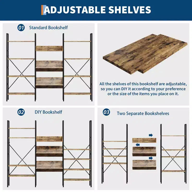Étagère à livres à quatre niveaux en tuyau de fer et planche en bois - Étagère en planches de bois, Étagère de salon, Étagère moderne, Cadre en fer robuste, Rangement spacieux