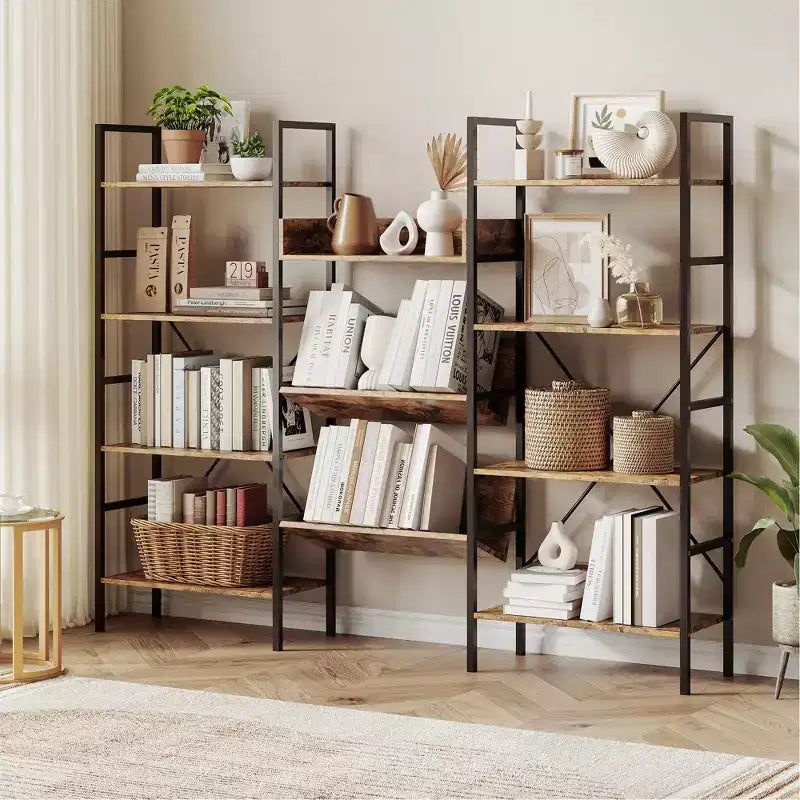 Étagère à livres à quatre niveaux en tuyau de fer et planche en bois - Étagère en planches de bois, Étagère de salon, Étagère moderne, Cadre en fer robuste, Rangement spacieux