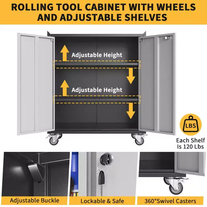 Armoire métallique verrouillable avec porte – Meuble de rangement roulant de 90 cm de haut avec étagères, armoires à outils pour garage, maison, bureau