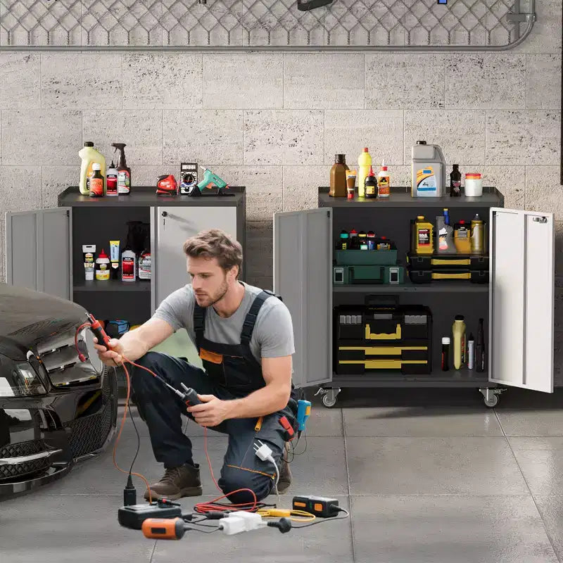 Armoire métallique verrouillable avec porte – Meuble de rangement roulant de 90 cm de haut avec étagères, armoires à outils pour garage, maison, bureau