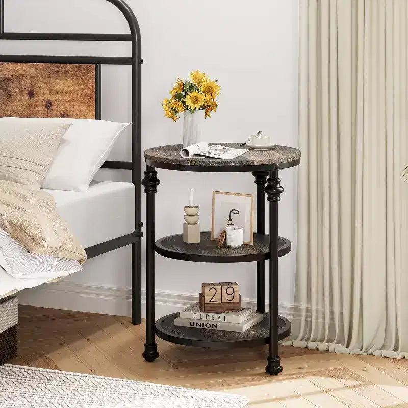 Table d'appoint ronde à 3 niveaux Acekool avec cadre en acier, table de chevet multi-niveaux pour chambre et salon