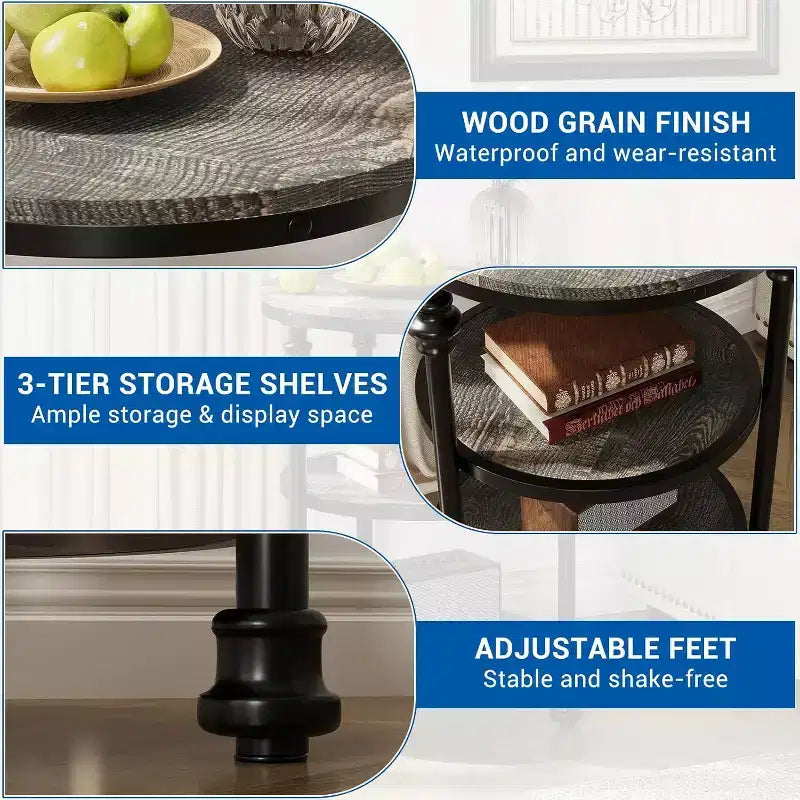 Table d'appoint ronde à 3 niveaux Acekool avec cadre en acier, table de chevet multi-niveaux pour chambre et salon
