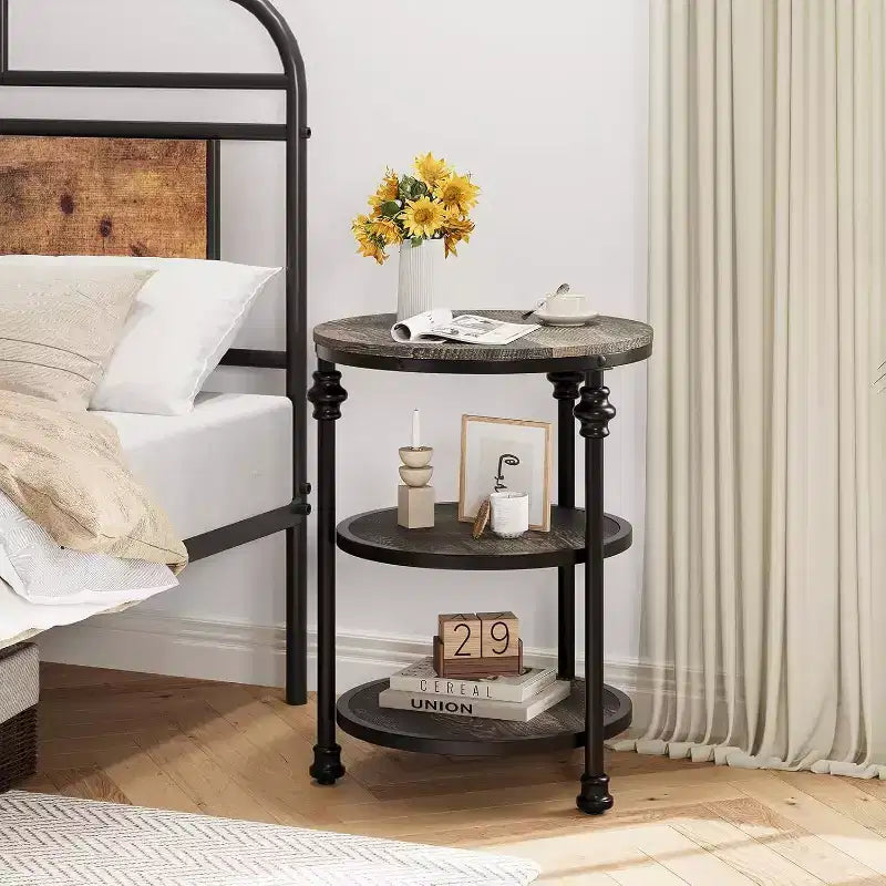 Table d'appoint ronde à 3 niveaux Acekool avec cadre en acier, table de chevet multi-niveaux pour chambre et salon